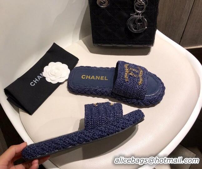 New Fashion Chanel Cord Slide Sandal Mules G36923 Navy Blue