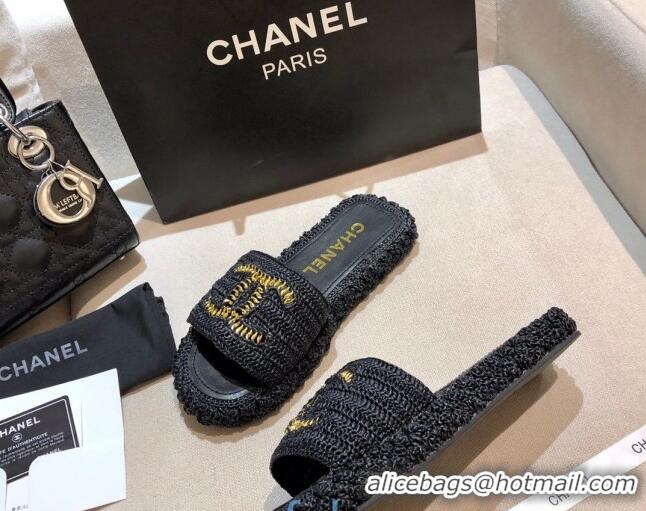 Cute Chanel Cord Slide Sandal Mules G36923 Black