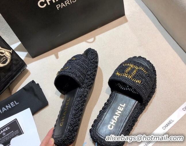 Cute Chanel Cord Slide Sandal Mules G36923 Black