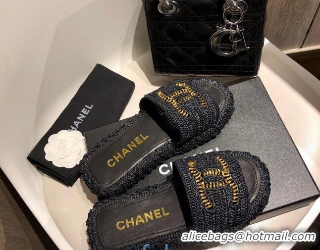 Cute Chanel Cord Slide Sandal Mules G36923 Black