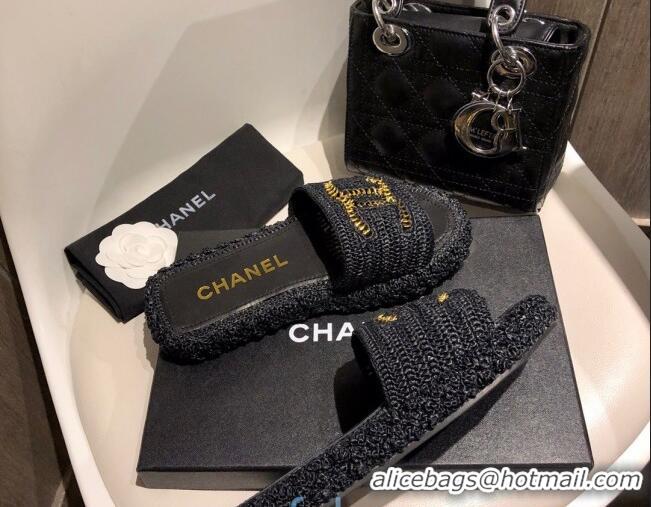 Cute Chanel Cord Slide Sandal Mules G36923 Black