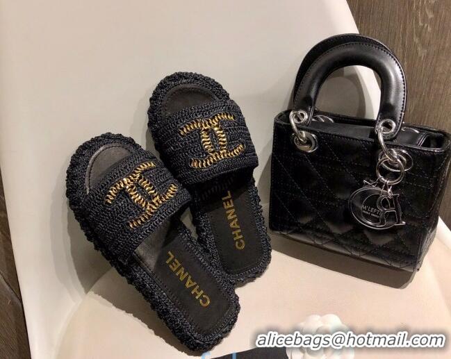 Cute Chanel Cord Slide Sandal Mules G36923 Black