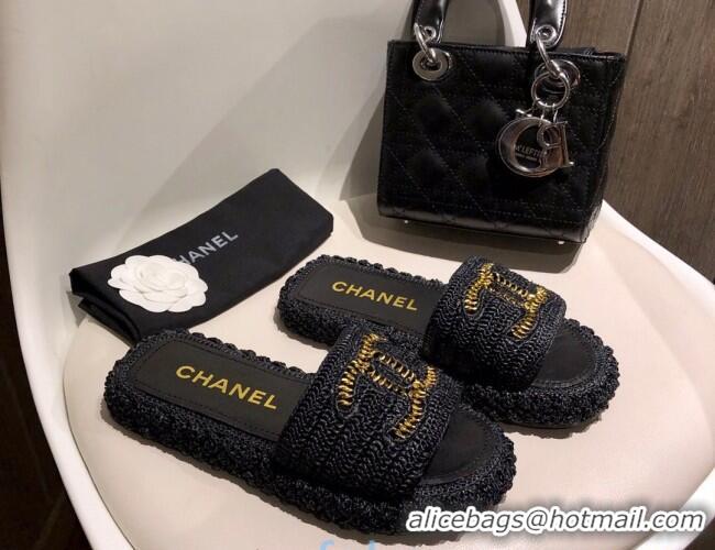 Cute Chanel Cord Slide Sandal Mules G36923 Black