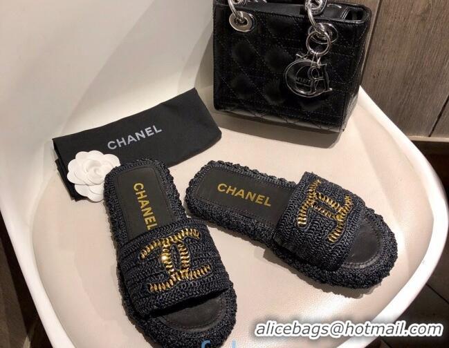 Cute Chanel Cord Slide Sandal Mules G36923 Black