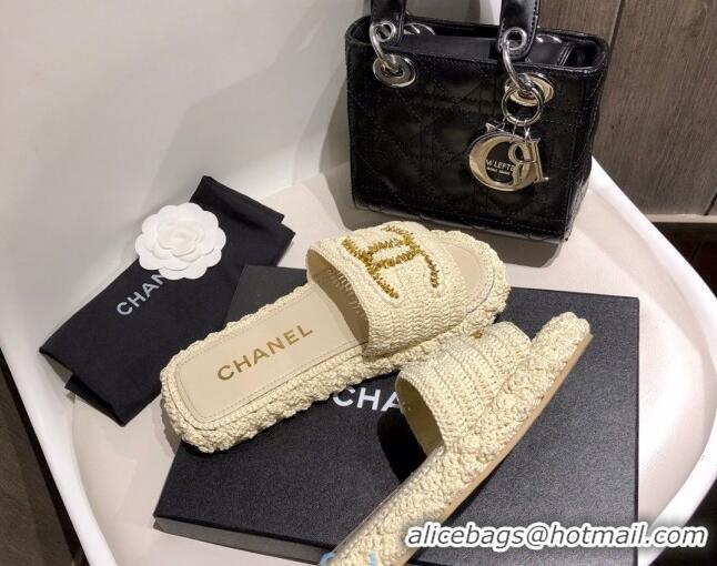 New Style Chanel Cord Slide Sandal Mules G36923 Light Beige