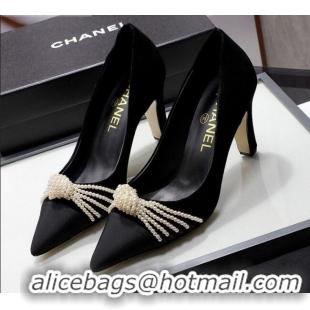 Top Grade Chanel Suede Kidskin Pumps with Pearl Knot Charm G36391 7.5cm Black 2021