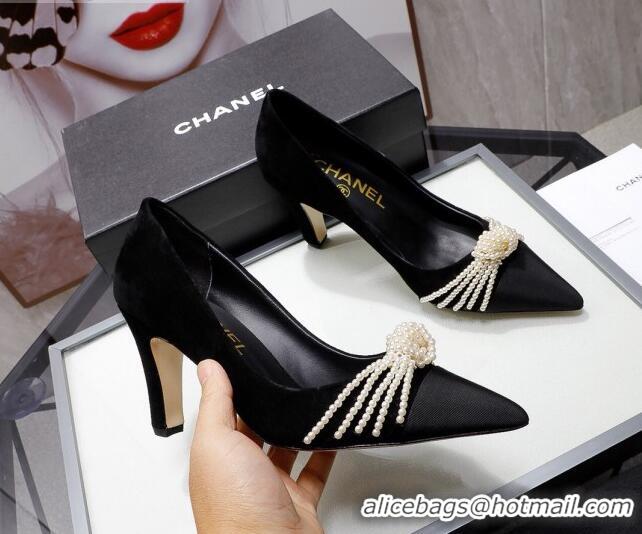 Top Grade Chanel Suede Kidskin Pumps with Pearl Knot Charm G36391 7.5cm Black 2021