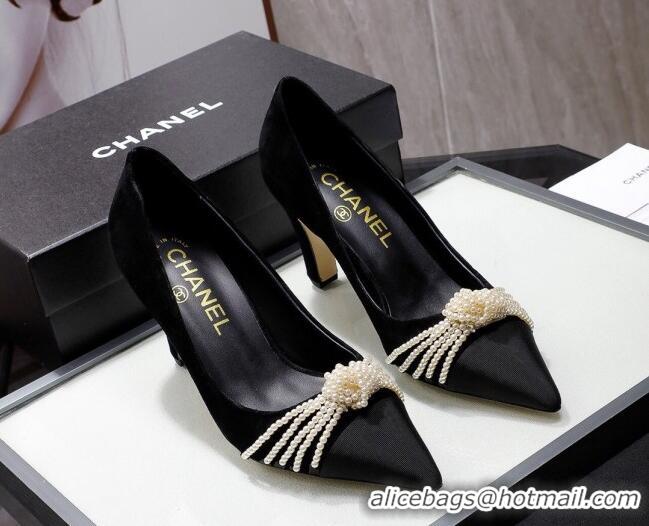 Top Grade Chanel Suede Kidskin Pumps with Pearl Knot Charm G36391 7.5cm Black 2021