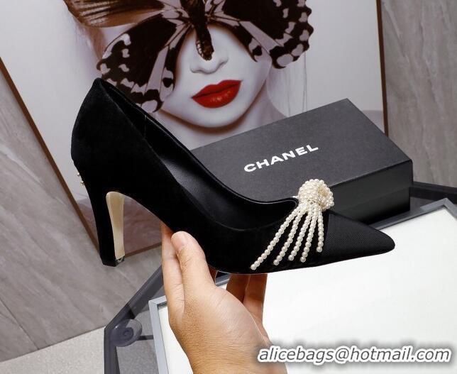 Top Grade Chanel Suede Kidskin Pumps with Pearl Knot Charm G36391 7.5cm Black 2021