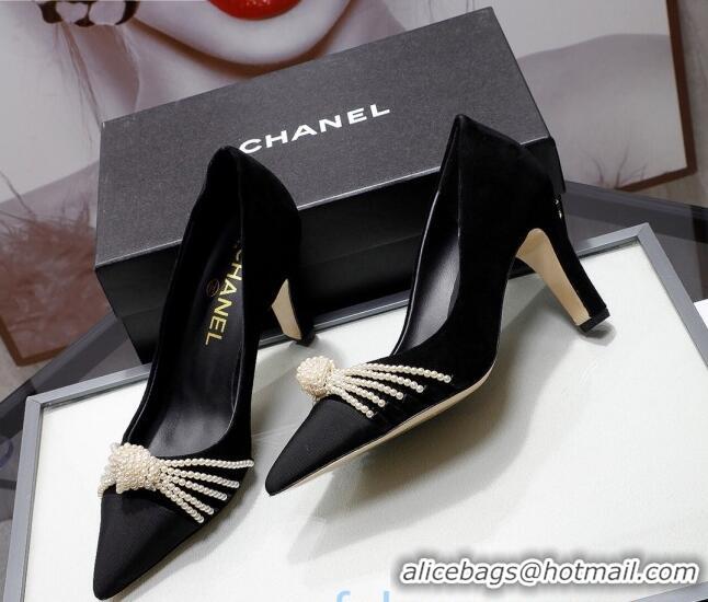 Top Grade Chanel Suede Kidskin Pumps with Pearl Knot Charm G36391 7.5cm Black 2021