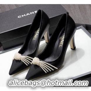 Best Quality Chanel Leather Pumps with Pearl Knot Charm G36391 7.5cm Black 2021