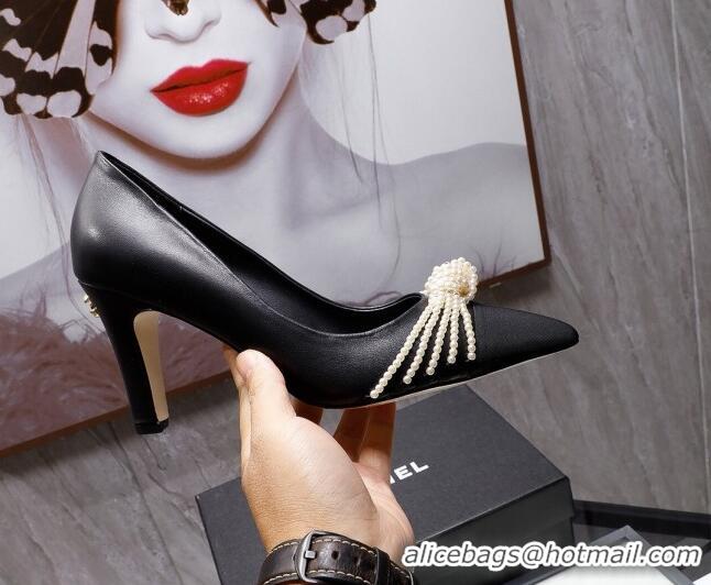 Best Quality Chanel Leather Pumps with Pearl Knot Charm G36391 7.5cm Black 2021