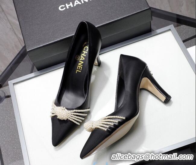 Best Quality Chanel Leather Pumps with Pearl Knot Charm G36391 7.5cm Black 2021