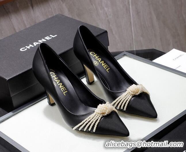 Best Quality Chanel Leather Pumps with Pearl Knot Charm G36391 7.5cm Black 2021