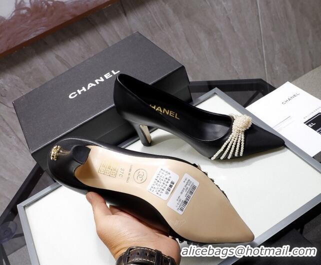 Best Quality Chanel Leather Pumps with Pearl Knot Charm G36391 7.5cm Black 2021