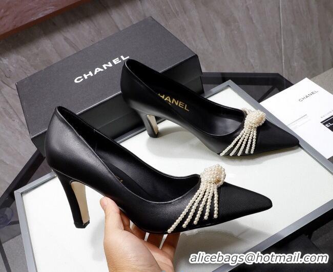 Best Quality Chanel Leather Pumps with Pearl Knot Charm G36391 7.5cm Black 2021