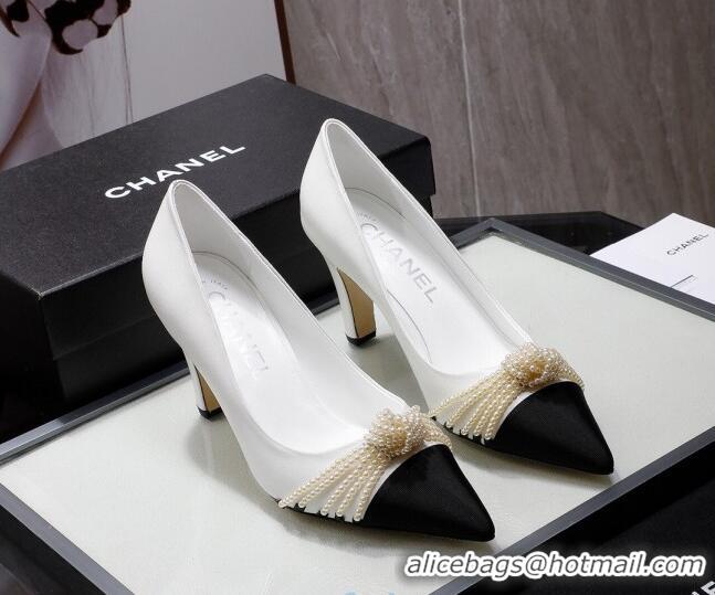 Best Price Chanel Suede Kidskin Pumps with Pearl Knot Charm G36391 7.5cm White 2021