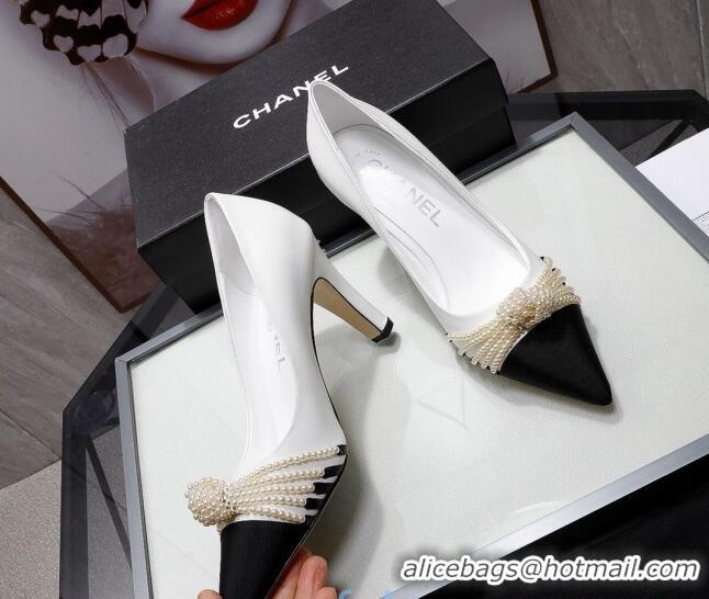 Best Price Chanel Suede Kidskin Pumps with Pearl Knot Charm G36391 7.5cm White 2021