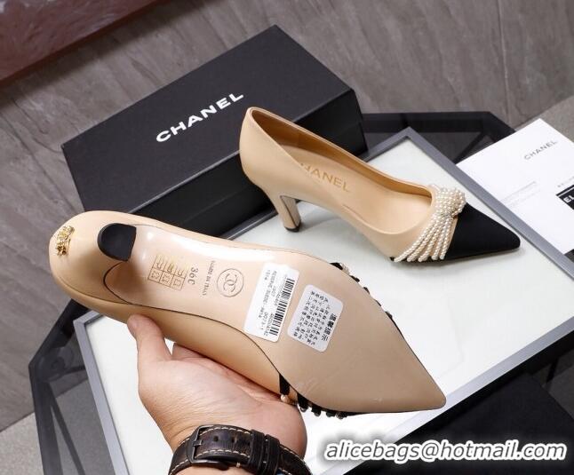 Popular Style Chanel Suede Kidskin Pumps with Pearl Knot Charm G36391 7.5cm Nude 2021