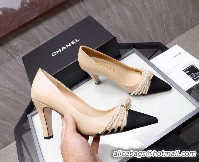 Popular Style Chanel Suede Kidskin Pumps with Pearl Knot Charm G36391 7.5cm Nude 2021