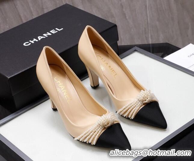 Popular Style Chanel Suede Kidskin Pumps with Pearl Knot Charm G36391 7.5cm Nude 2021