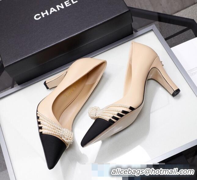 Popular Style Chanel Suede Kidskin Pumps with Pearl Knot Charm G36391 7.5cm Nude 2021