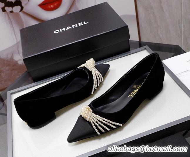 Low Price Chanel Suede Kidskin Ballerinas with Pearl Knot Charm G36391 Black