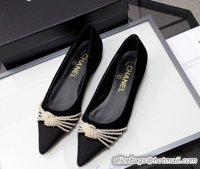 Low Price Chanel Suede Kidskin Ballerinas with Pearl Knot Charm G36391 Black