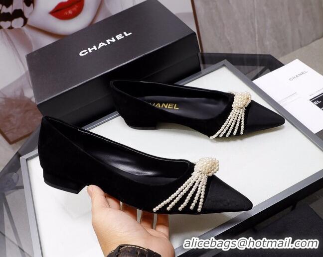 Low Price Chanel Suede Kidskin Ballerinas with Pearl Knot Charm G36391 Black