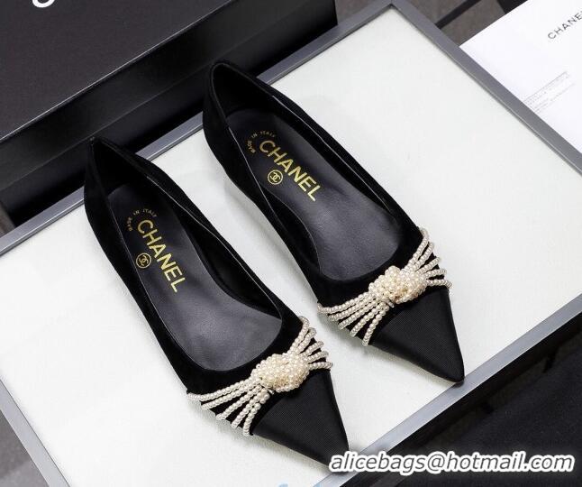 Low Price Chanel Suede Kidskin Ballerinas with Pearl Knot Charm G36391 Black