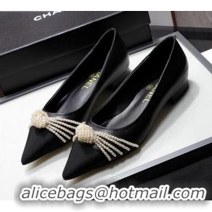 Elegant Chanel Leather Ballerinas with Pearl Knot Charm G36391 Black 2021