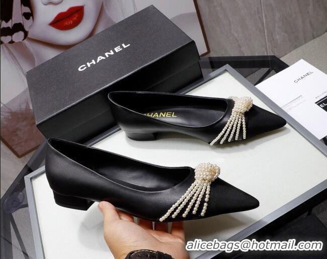 Elegant Chanel Leather Ballerinas with Pearl Knot Charm G36391 Black 2021