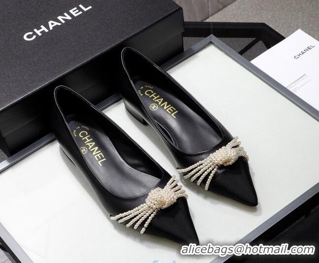 Elegant Chanel Leather Ballerinas with Pearl Knot Charm G36391 Black 2021