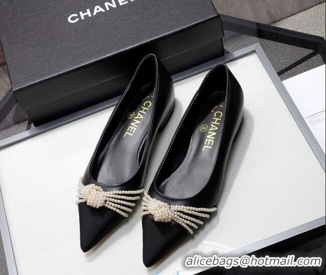 Elegant Chanel Leather Ballerinas with Pearl Knot Charm G36391 Black 2021