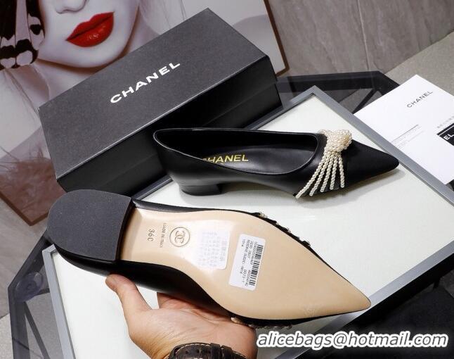 Elegant Chanel Leather Ballerinas with Pearl Knot Charm G36391 Black 2021