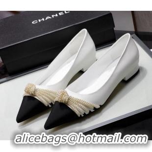 Super Quality Chanel Suede Kidskin Ballerinas with Pearl Knot Charm G36391 White 2021