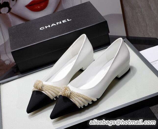 Super Quality Chanel Suede Kidskin Ballerinas with Pearl Knot Charm G36391 White 2021