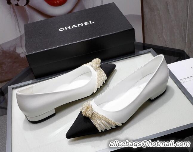 Super Quality Chanel Suede Kidskin Ballerinas with Pearl Knot Charm G36391 White 2021