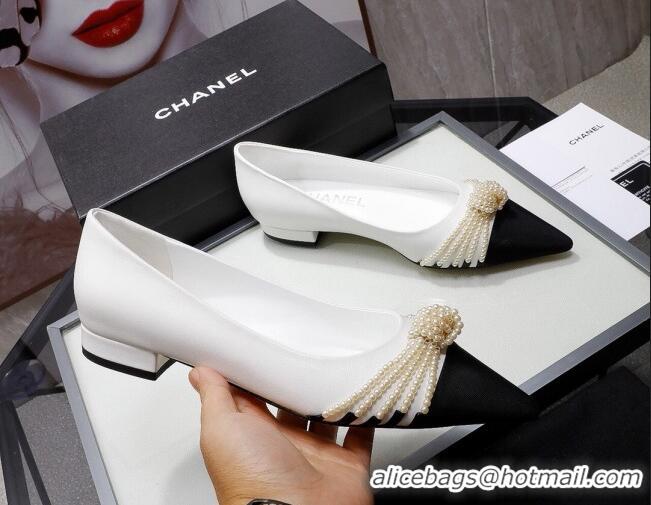 Super Quality Chanel Suede Kidskin Ballerinas with Pearl Knot Charm G36391 White 2021