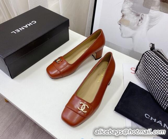 Top Quality Chanel Lambskin CC Pumps 5cm 010794 Brown 2021