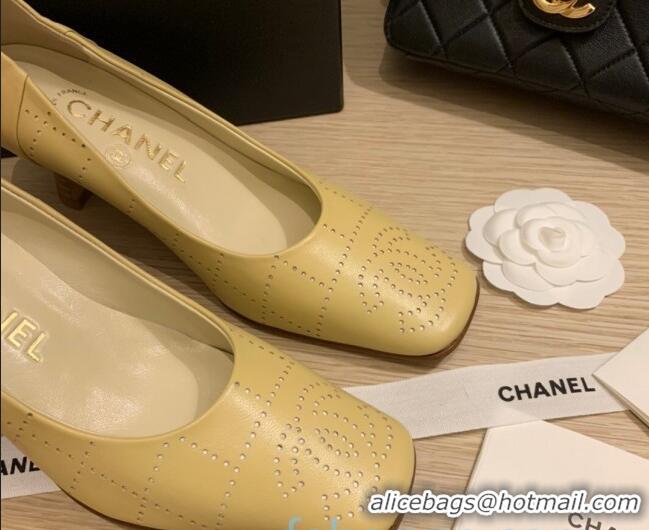 Super Quality Chanel Vintage Perforated Leather Pumps 7cm 010811 Yellow 2021