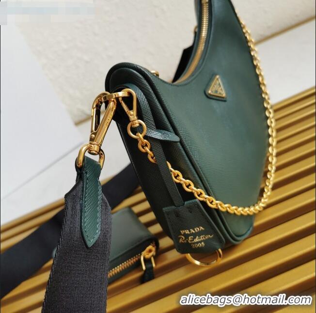 New Style Prada Re-Edition 2005 Saffiano Leather Hobo Bag 1BH204 Dark Green 2020