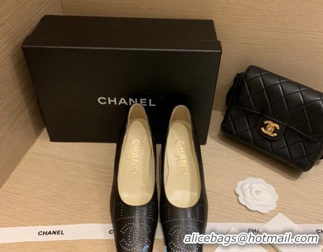 New Style Chanel Vintage Perforated Leather Pumps 7cm 010812 Black 2021