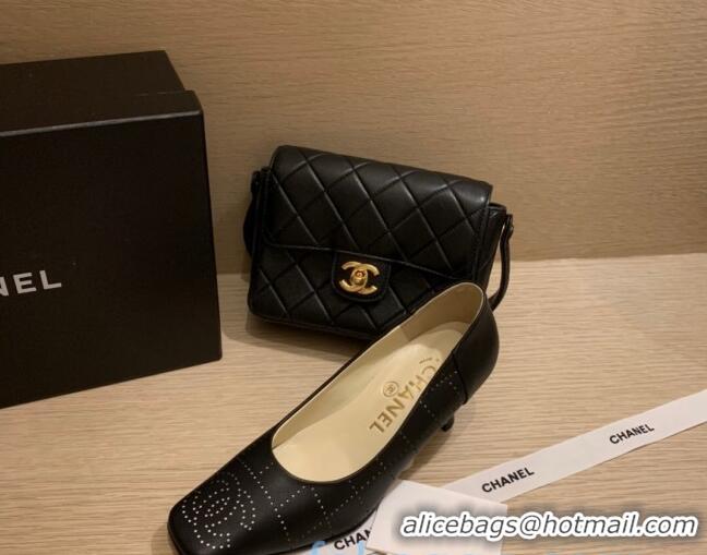 New Style Chanel Vintage Perforated Leather Pumps 7cm 010812 Black 2021