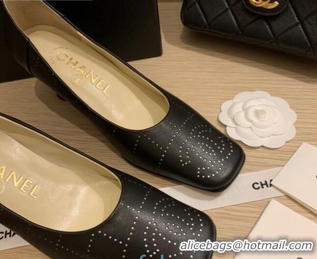 New Style Chanel Vintage Perforated Leather Pumps 7cm 010812 Black 2021