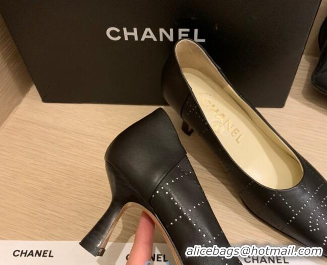 New Style Chanel Vintage Perforated Leather Pumps 7cm 010812 Black 2021