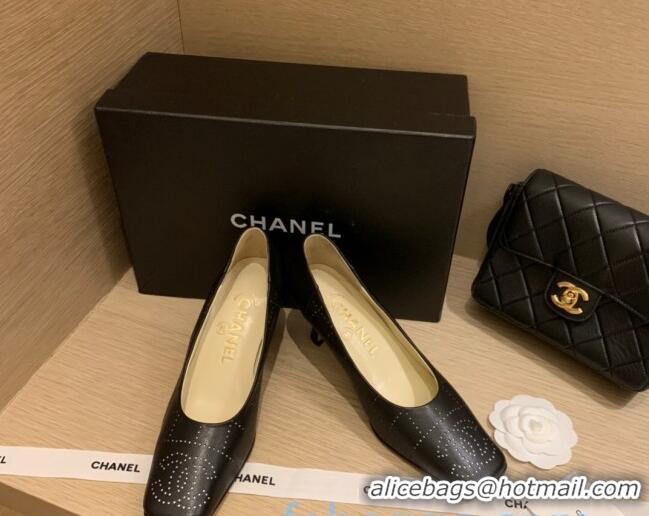 New Style Chanel Vintage Perforated Leather Pumps 7cm 010812 Black 2021