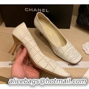 Best Design Chanel Vintage Perforated Leather Pumps 7cm 010812 White 2021