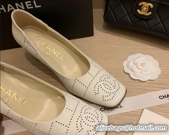 Best Design Chanel Vintage Perforated Leather Pumps 7cm 010812 White 2021