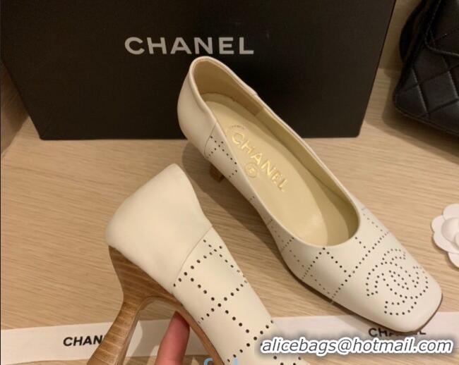 Best Design Chanel Vintage Perforated Leather Pumps 7cm 010812 White 2021